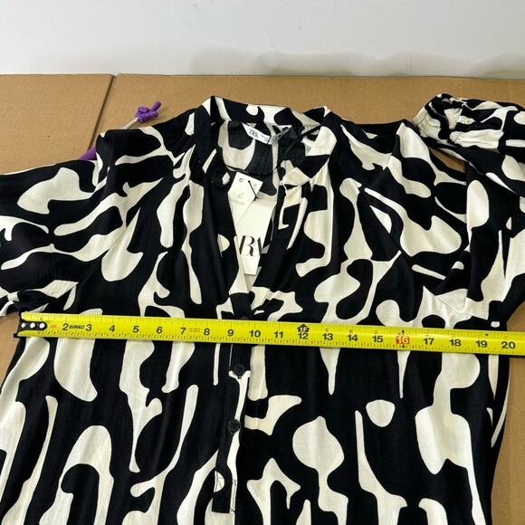 NWT Zara Abstract Print Lightweight Long Sleeve V-neck Midi Dress Black White Sm - Picture 10 of 13